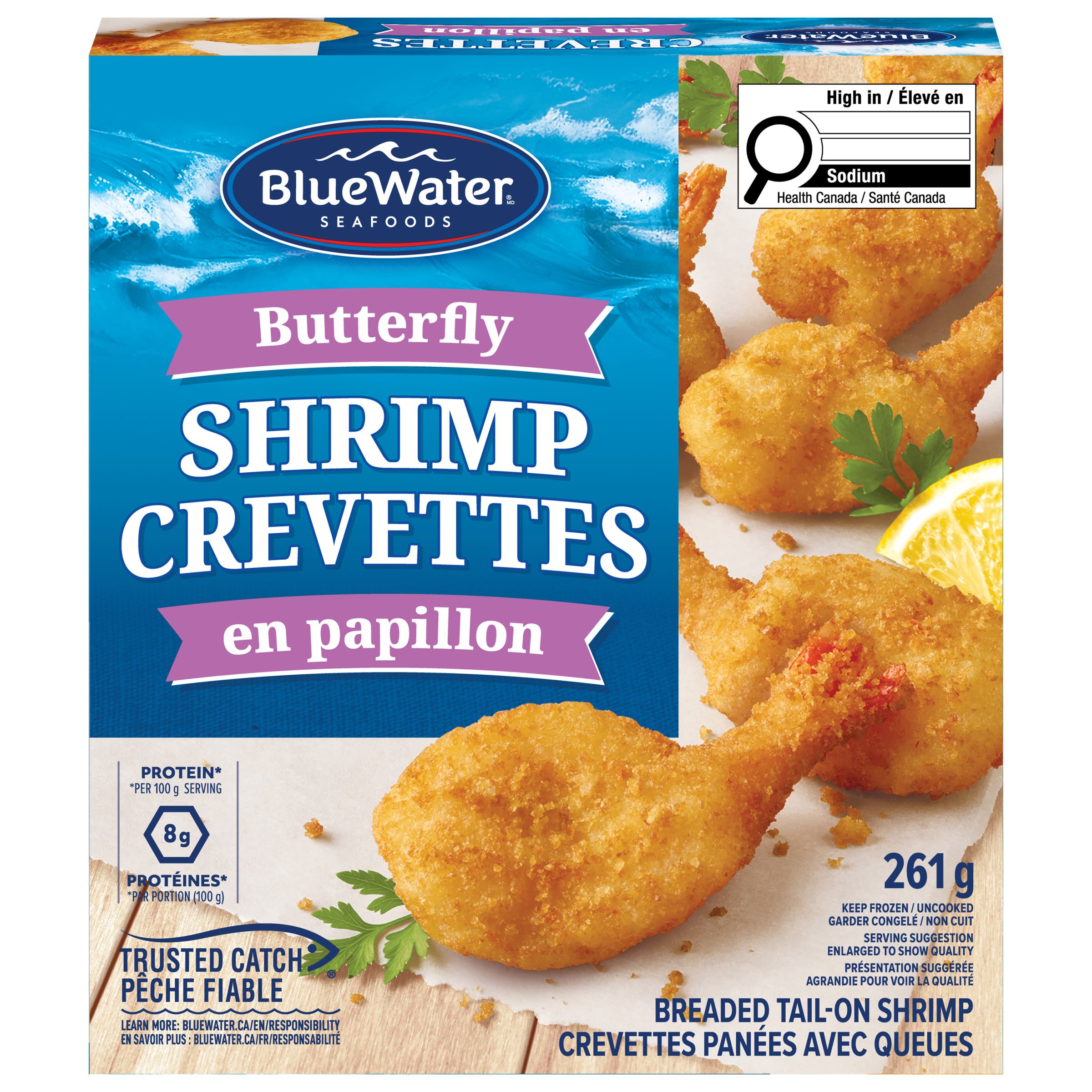 BlueWater Seafoods Butterfly Shrimp 100% Whole Shrimp, Breaded with Crunchy Panko Breadcrumbs, Frozen, 261 g Package / Crevettes papillon BlueWater Seafoods, Crevettes entières à 100%, Panées avec une chapelure Panko croustillante, Congelé, Emballage de 261 g